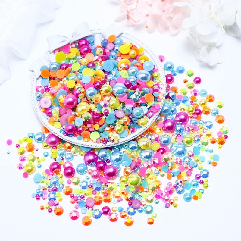 Towenm 60g Mix Flatback Pearls and Rhinestone, 2mm-10mm Jelly Rhinestones and Half Pearls for Crafts Tumblers Shoes Nails Face Art, with Picker Pen, Pink|Blue|Yellow|Orange - Image 3